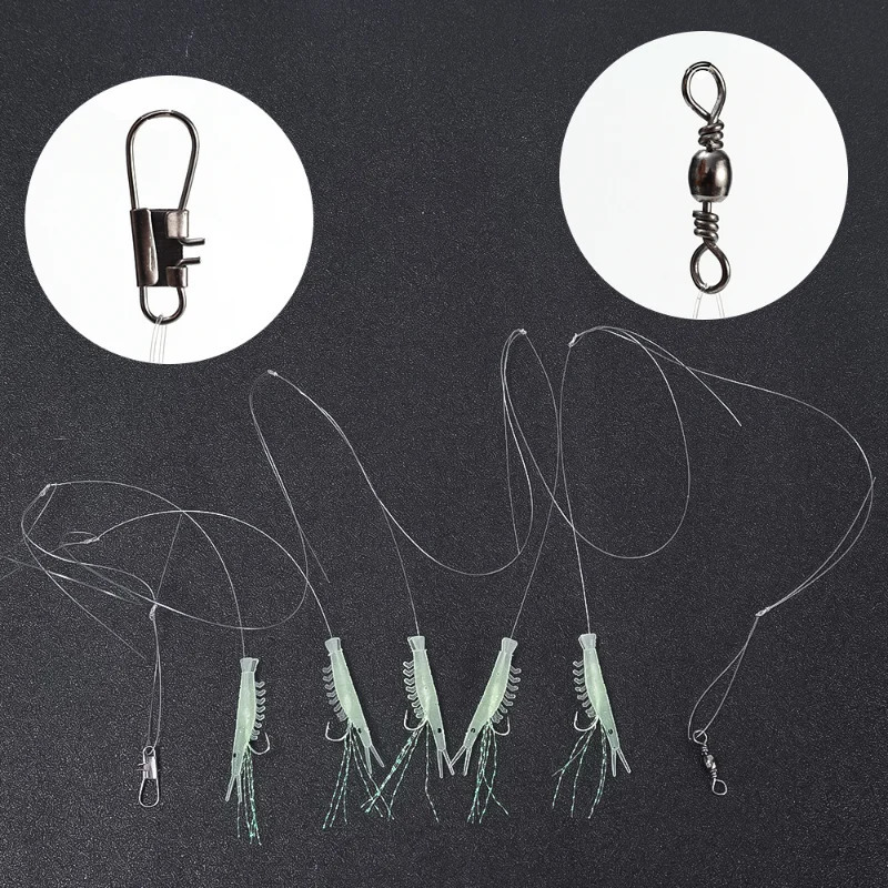 5pcslot Simulated Fish Skin String Hooks Sabiki Rig for Sea Luminous Soft Shrimp Fishing Hook Lure Bait Tackle Accessory 250807