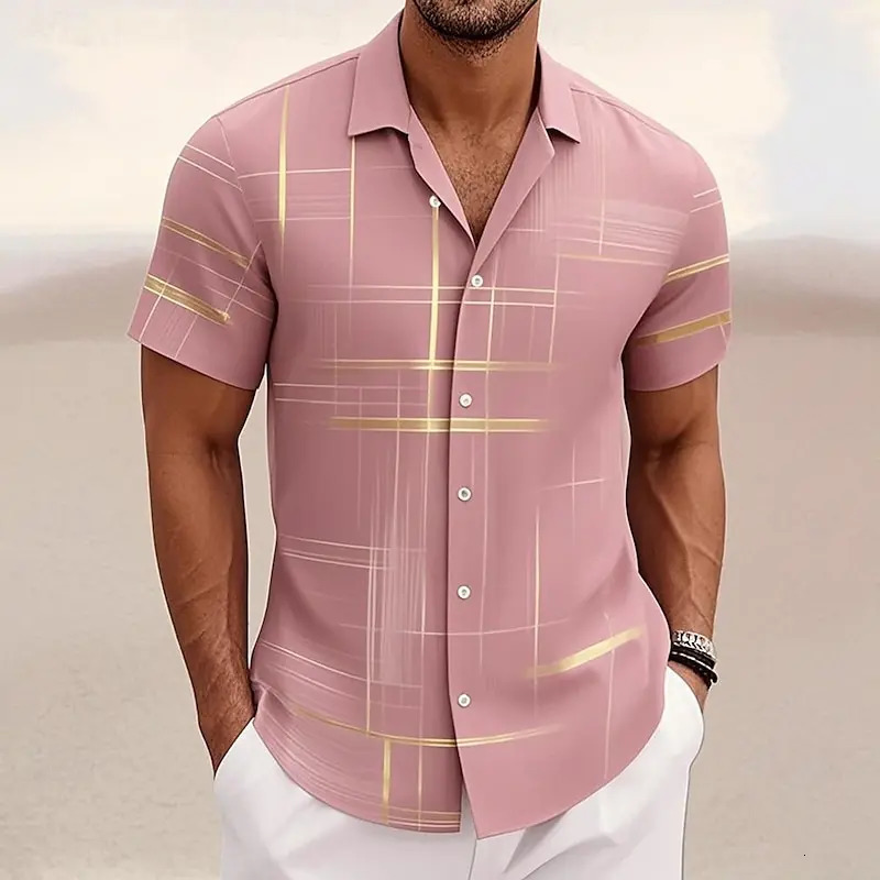 8 Color Mens Geometric Grid Shirt Button Short Sleeve Fashion Casual Outdoor Vacation Streetwear 3D Printed Lapel 250804