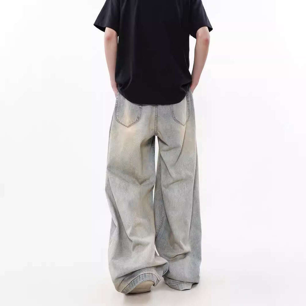 American Style Wrinkled Washed Jeans For Men, Niche High-End Loose Wide-Leg Floor-Length Pants B5