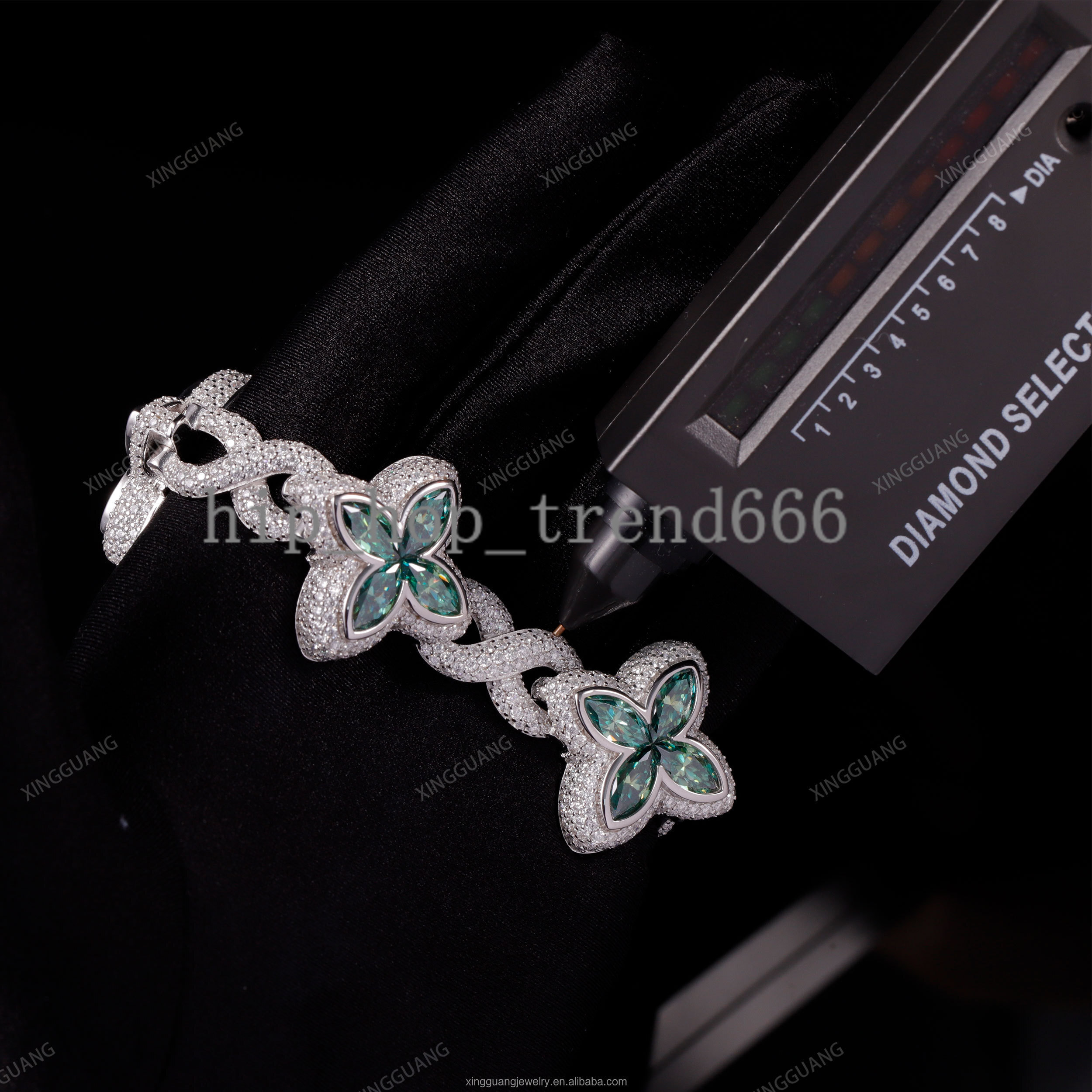 New Arrival Clover Design Vvs White Green Moissanite Diamond S925 Silver Gold Plated Cuban Link Bracelet Men Women