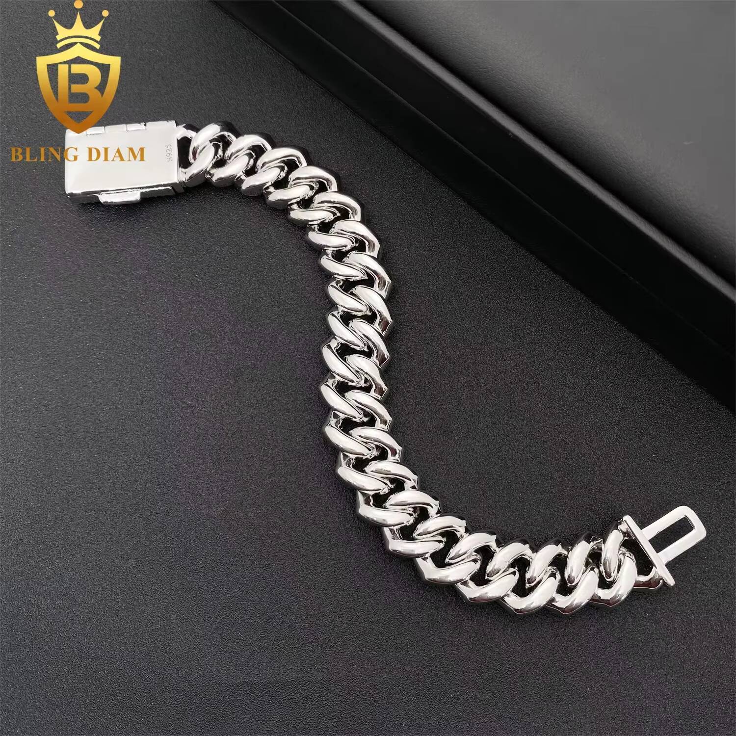 Stylish 925 Silver Cuban Link Bracelet with 15MM Diamonds for Wholesale Factory Bracelet Men