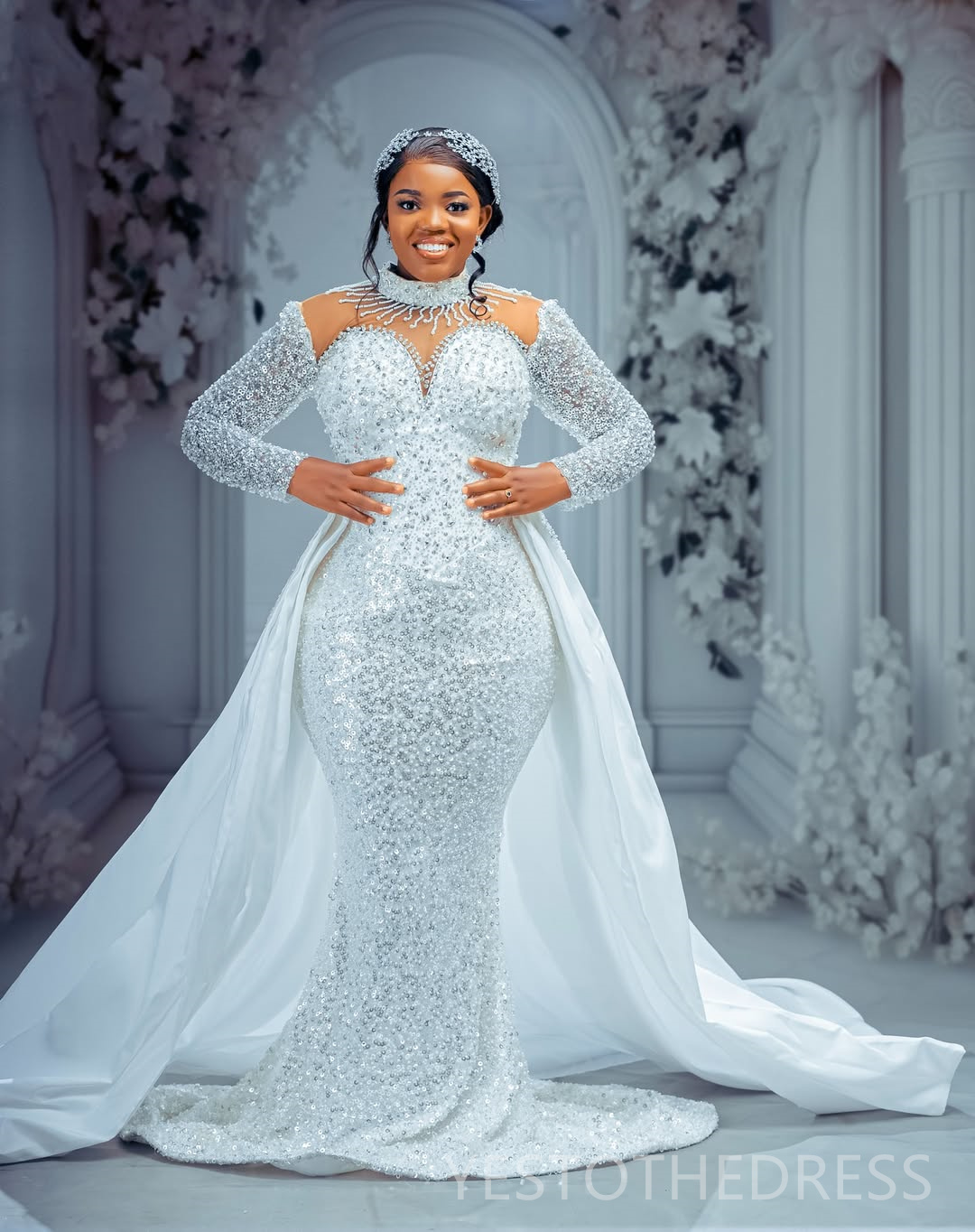 Arabic Aso Ebi Plus Size Off White Mermaid Wedding Dresses 2025 High Neck Sequined Lace Pearls Beaded Floral Lace Luxurious Vintage Bridal Gowns Dress