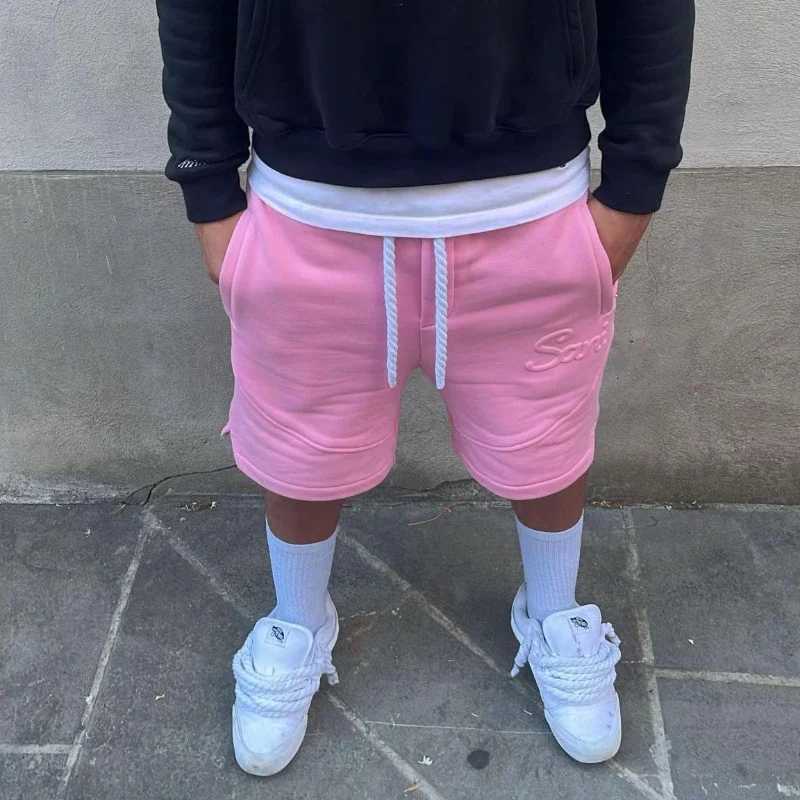 Letter Embossed Solid Shorts for Men Clothing Pink Hip Hop Vintage Sweatpants Men Shorts Casual Fashion Unisex Gym Baggy Pants Y250814