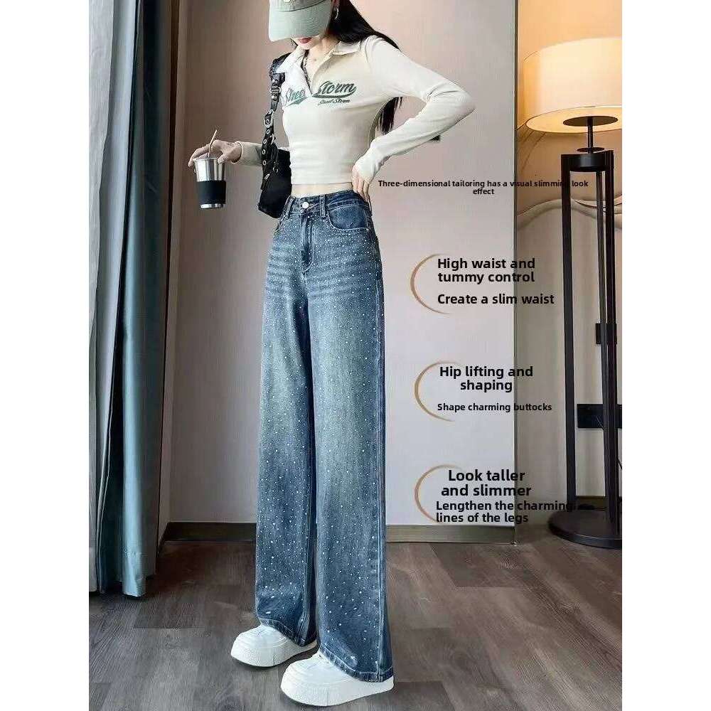 Autumn Clothing Rhinestone Pendant Design High Waist Wash Jeans Women's Loose Slimming Straight-Leg Pants