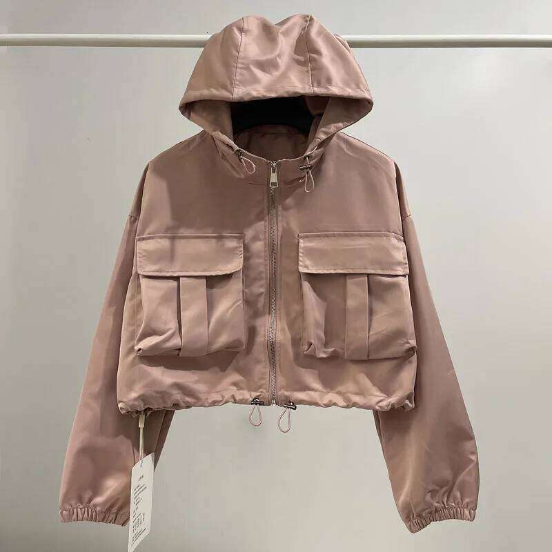 Autumn Pink Drawstring Hooded Cargo Jackets Zipper Coat with Pockets Women Top Windbreaker