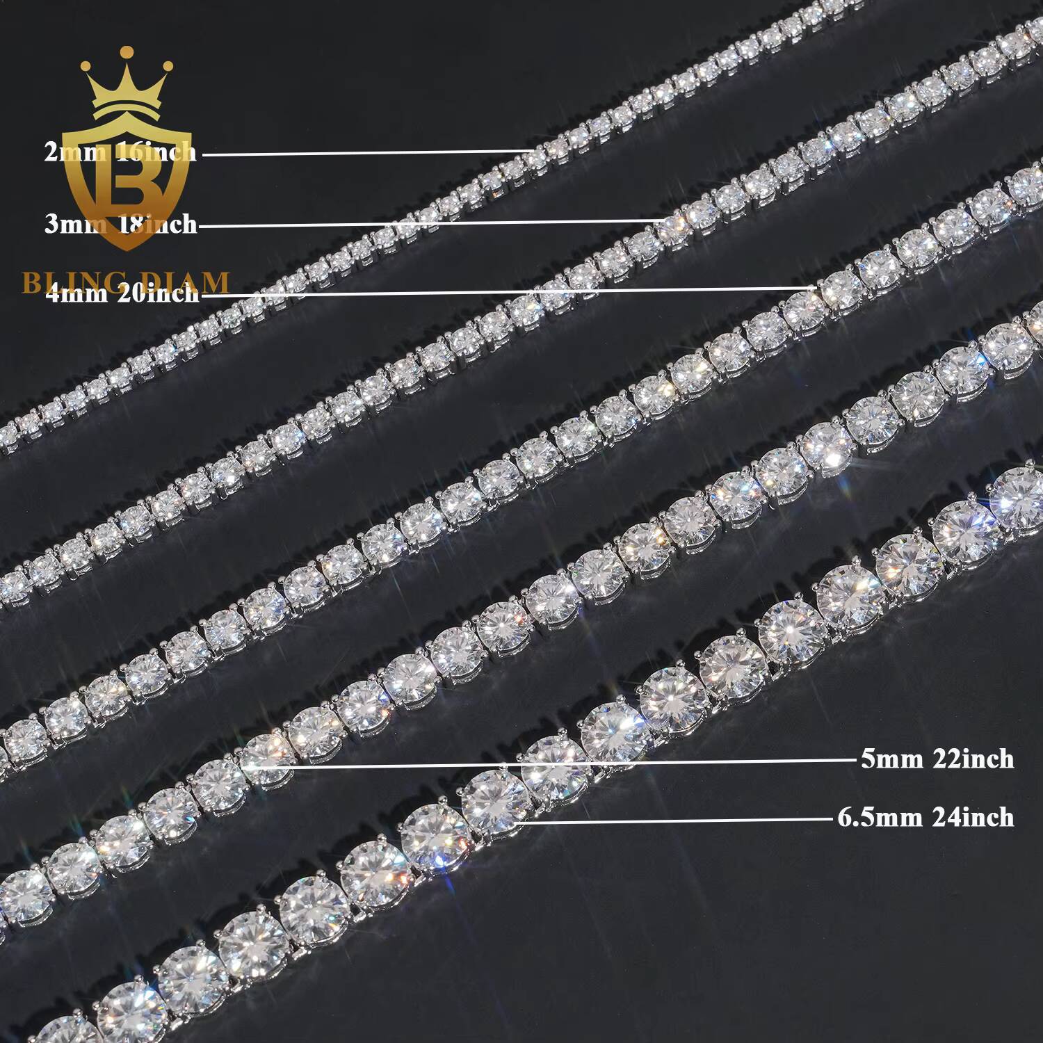 Ready Shipping 2mm 3mm 4mm Moissanite Tennis Chain 925 Sterling Silver Hip Hop Tennis Chain Necklace Rapper Jewelry