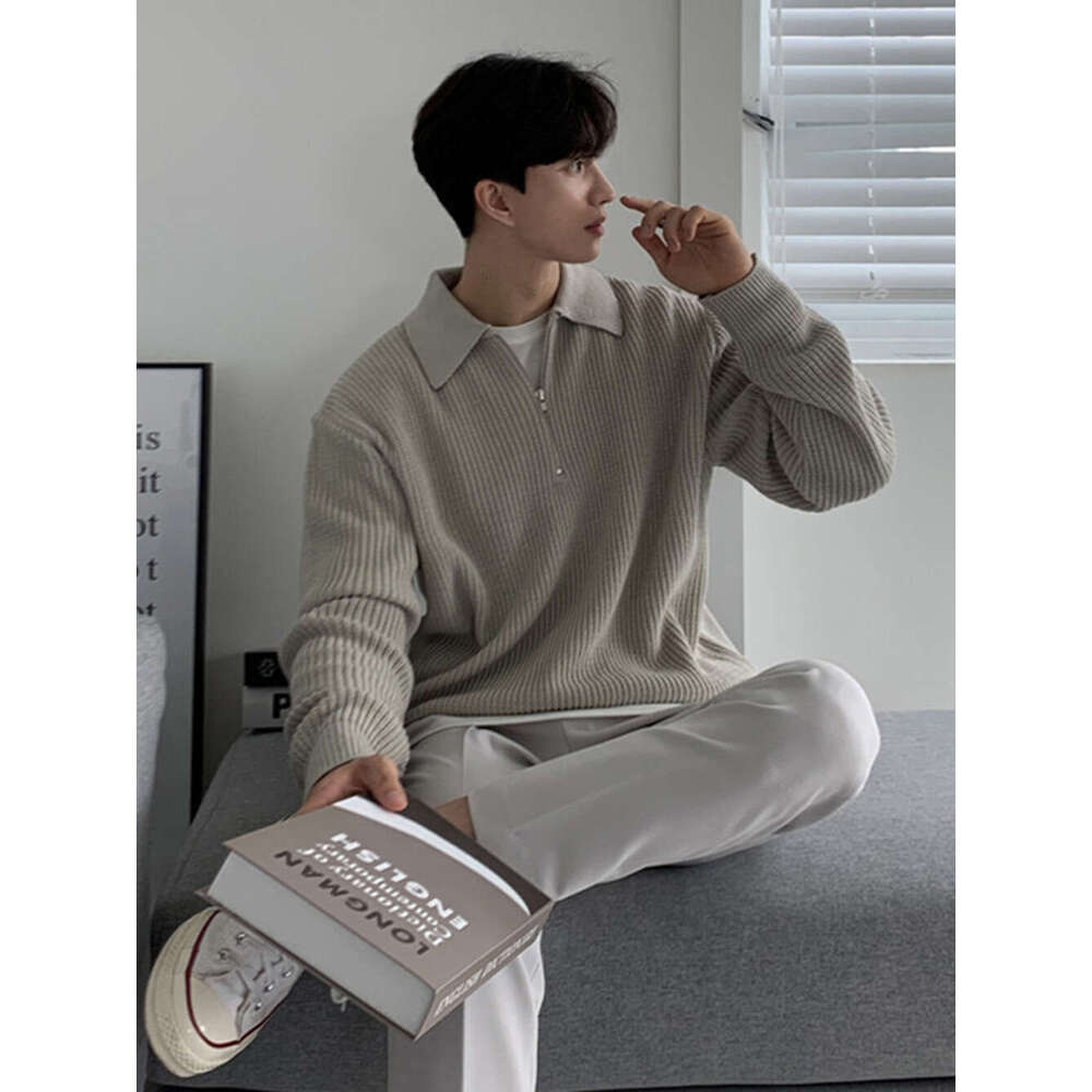 Half-Zip Sweater For Men, Autumn And Winter Korean Lazy Style, Turn-Down Collar Knitwear, Loose Casual Sweater, Trendy B5