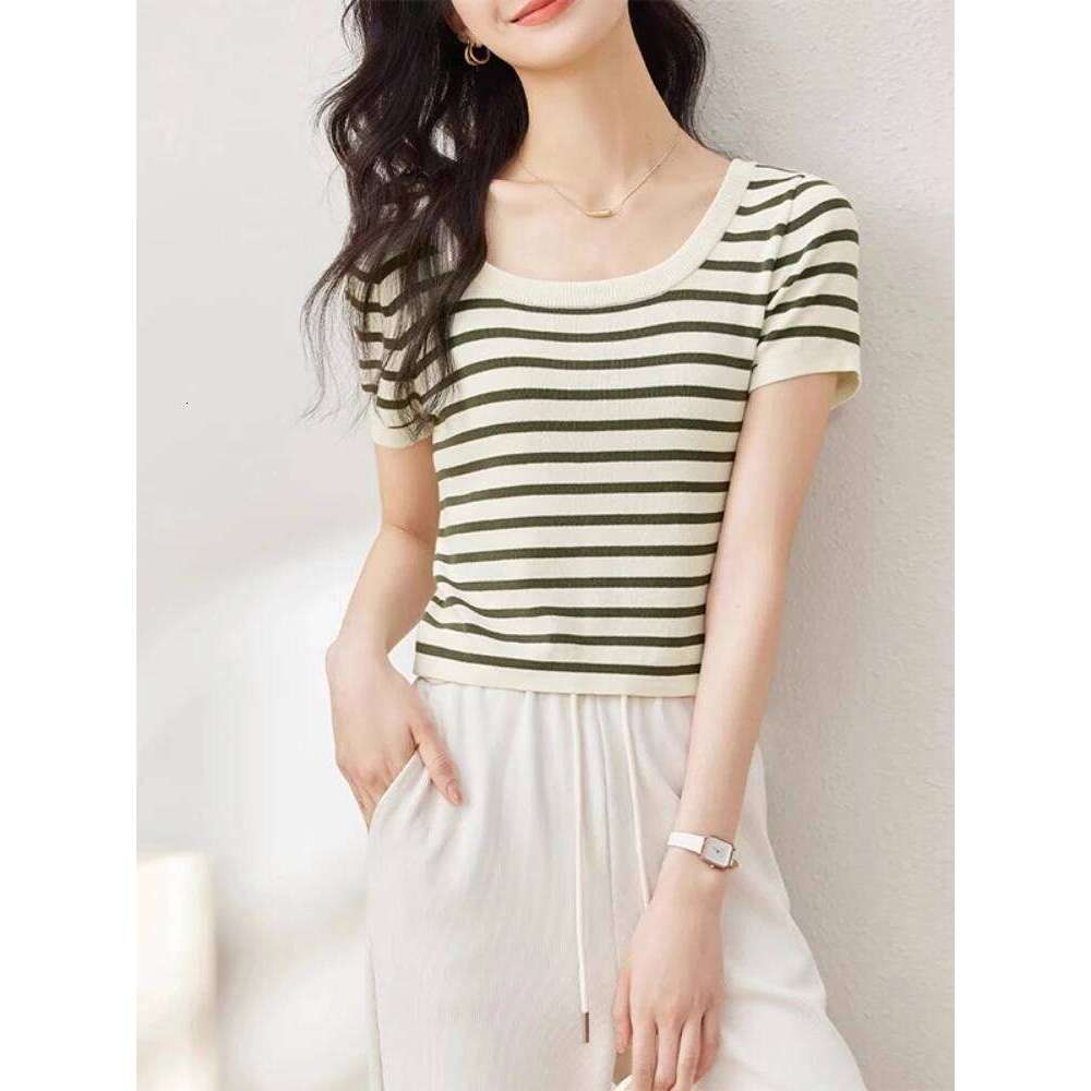 Designer Clothing 2025 Sentubila Elegant Knitted Sweater Women's 2025 New Autumn Striped Design U-Neck Short-Sleeved Pullovers Contrast Color