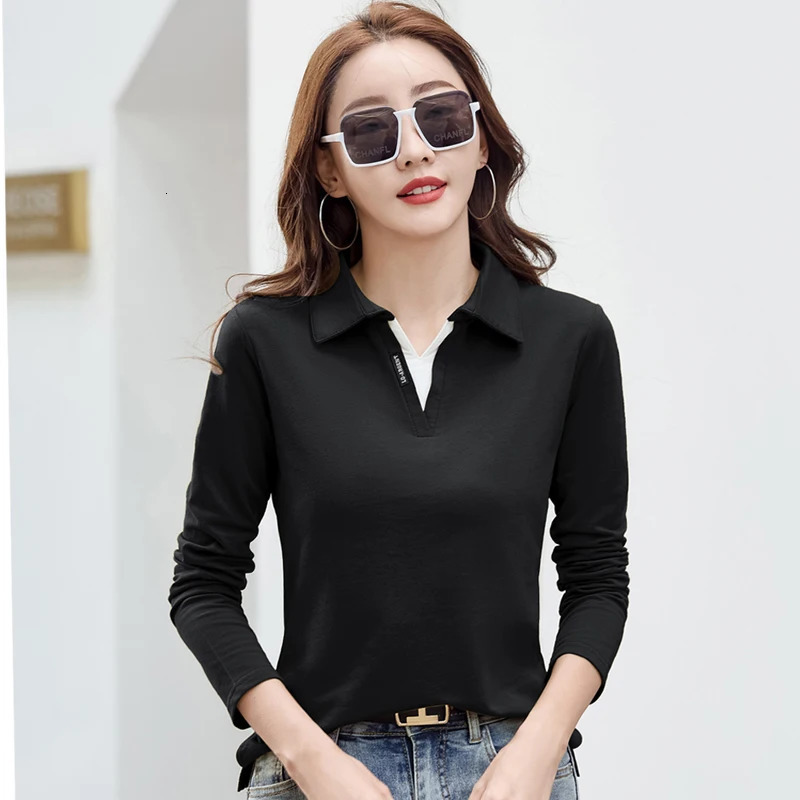 Korean Autumn Woman Polo Neck Shirt Cotton Solid Color Long Sleeve TShirt Patchwork Womens Shirts For Women 250814