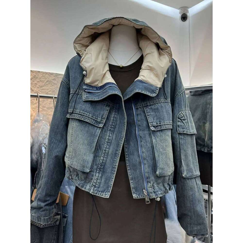 French Retro Hooded Double-Sided Denim Jacket For Women'S 2025 Autumn And Winter New Fashion Design Sense Short Top