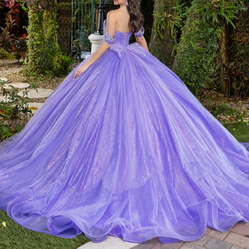 Lavender Shiny Ball Gown Quinceanera Dresses Off the Shoulder Beading Crystal Tull Party Birthday Vestidos 15 Anos Sweet 16 Dress