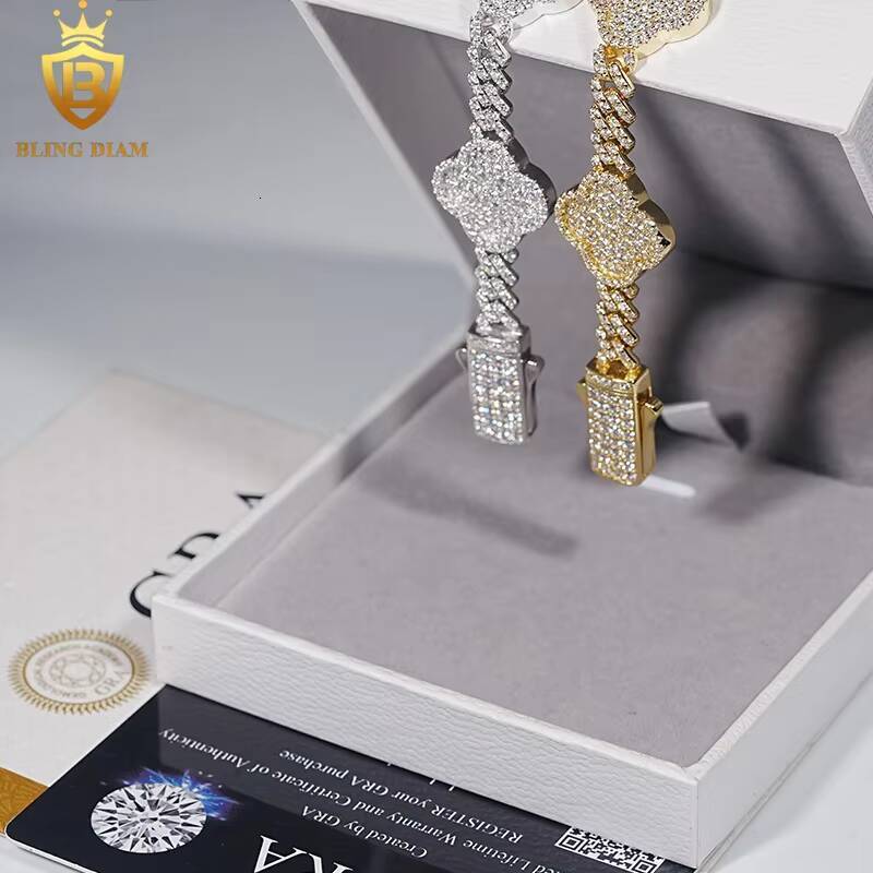 Luxury Charms Bangle Jewelry 6mm 925 Sterling Silver Rose Gold Vvs Moissanite Four-Leaf Clover Bracelets for Men Women