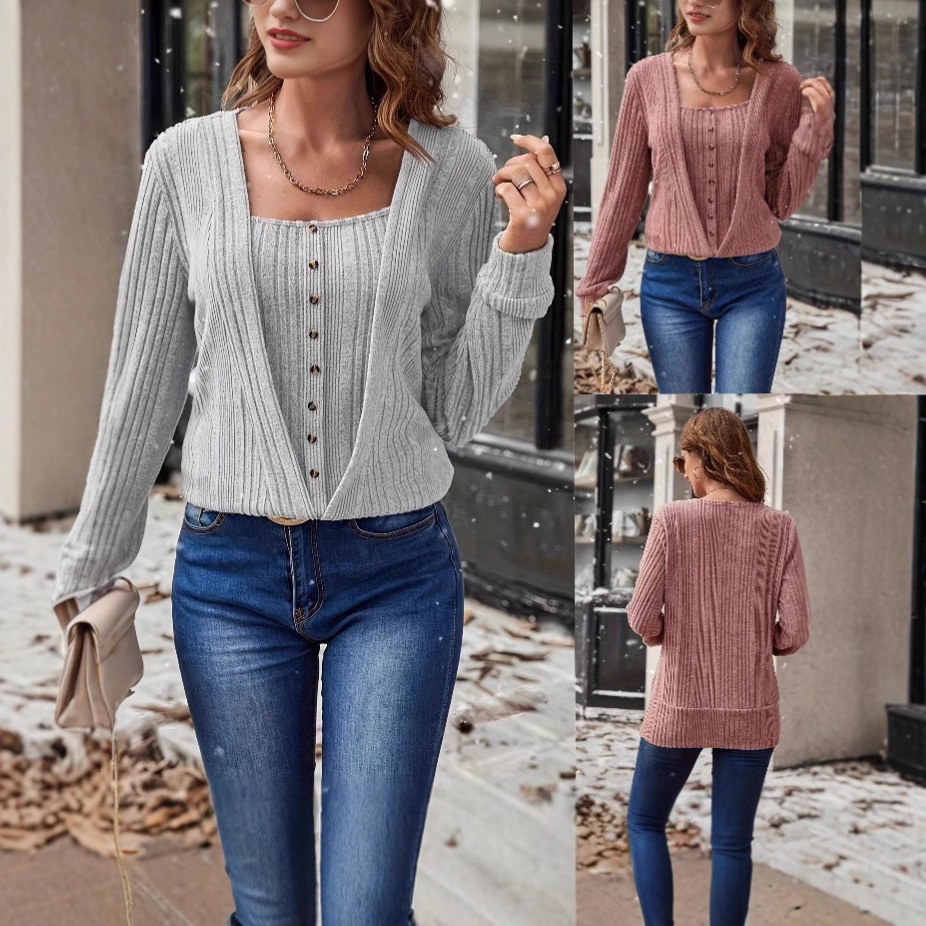 2025 Women's Spring and Autumn New T-shirt Casual Fashion Button Loose Long Sleeve Solid Color Knitted Top