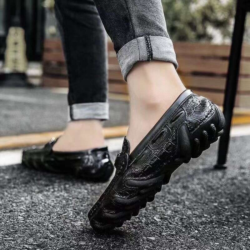New Crocodile Pattern Bean Genuine Soft Sole, One Step, Korean Edition Trendy and Fashionable Men's Casual Leather