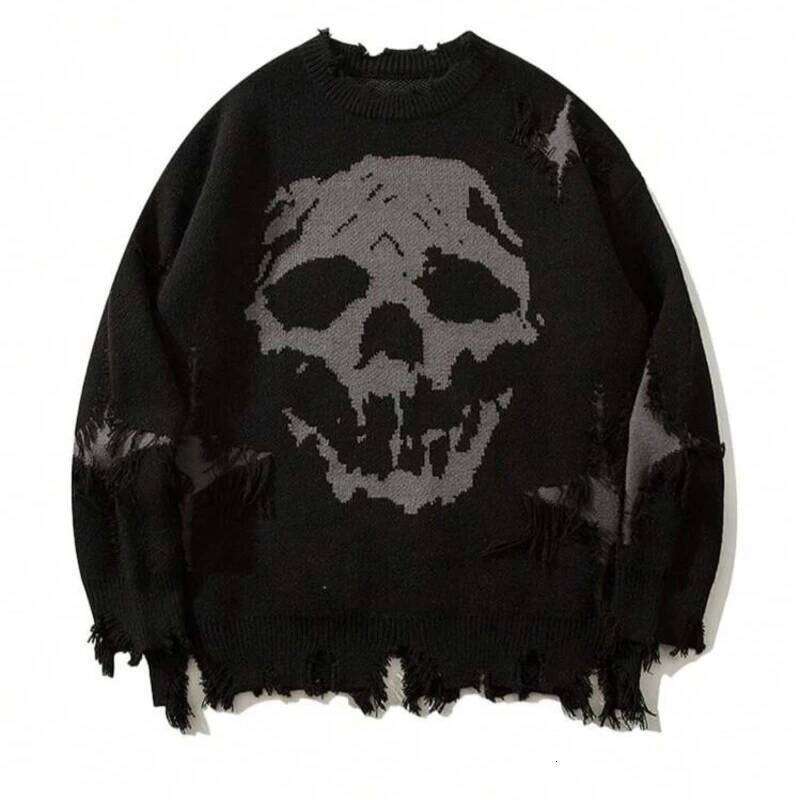 Y2k Round Neck Long Sleeved Knitted Sweater Vintage Streetwear Dark Cry Skull Jacquard Pattern Top Sweatshirt Winter Outfit Ootd