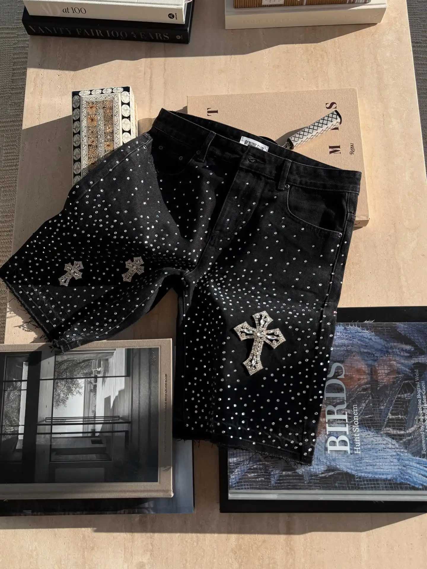 Gothic Rhinestone Cross Embroidery Viral Denim Jorts Y2K Vintage American Trend Gym Shorts Men Women Street Hip Hop Jean Short Y250814