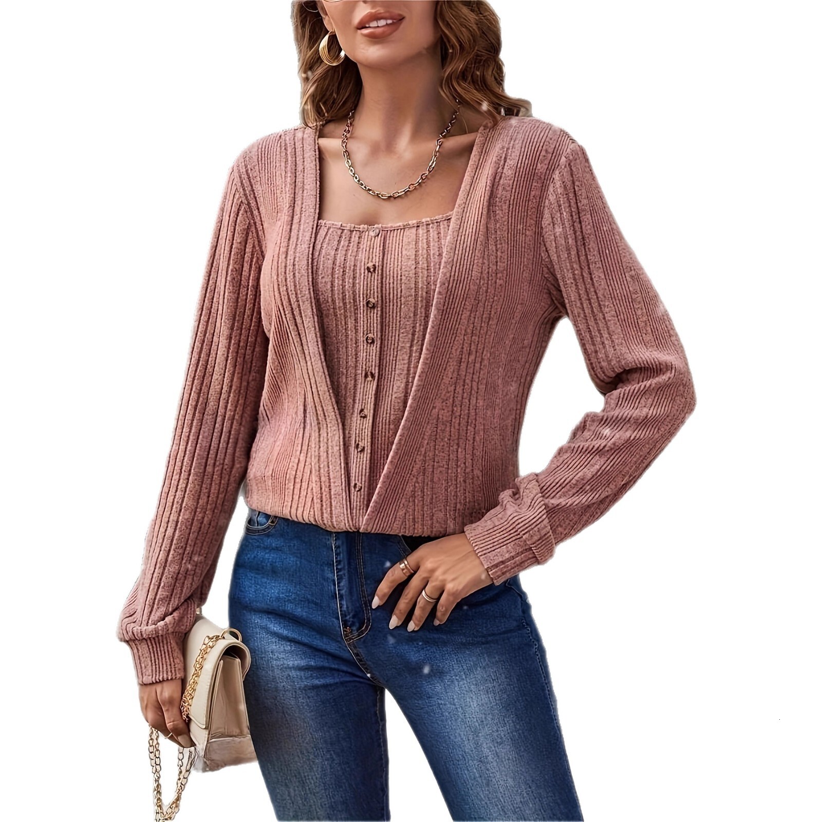 2025 Women's Spring and Autumn New T-shirt Casual Fashion Button Loose Long Sleeve Solid Color Knitted Top