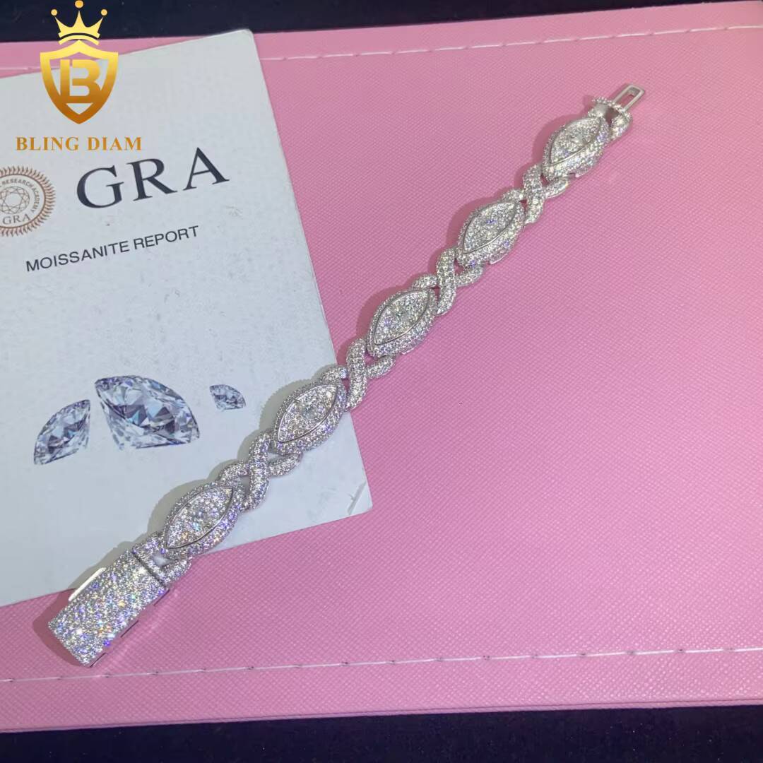 New Design Fashion 925 Silver Cuban Chain Eye Bracelet Moissanite Cuban Bracelet Men Women Hip Hop Style Pass Diamond Tester GRA