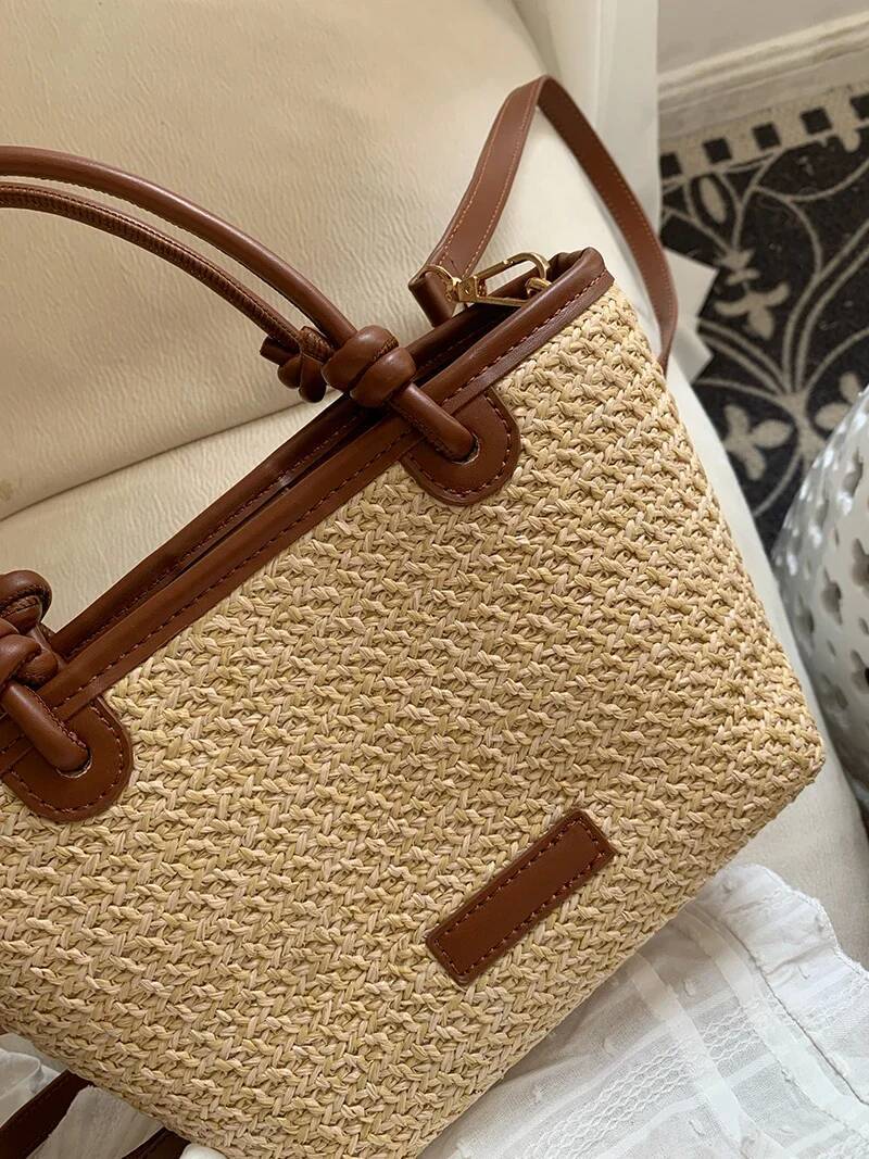 Summer Vacation Women's Beach Straw Shoulder Bag Retro Design Ladies Portable Crossbody Bags Knot Basket Woven Tote Handbags