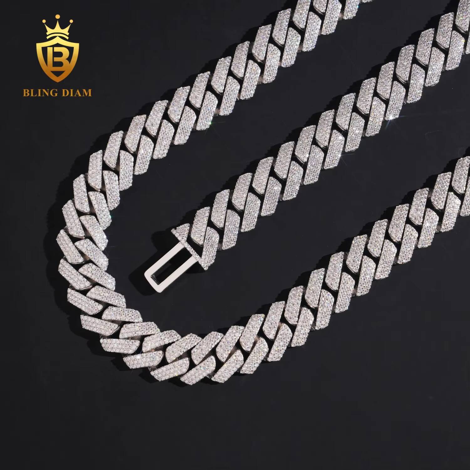 Factory Wholesale Price Pass Diamond Tester Hip Hop Necklace 15mm Four and Three Rows 925 Silver VVS Moissanite Cuban Link Chain