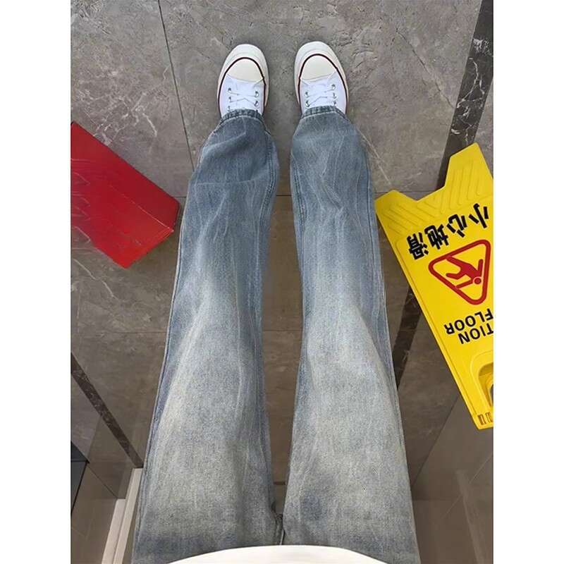 Washed Bamboo Pattern Jeans For Men Summer Flared Vibe American High Street Crotch Lift Straight Pants B5