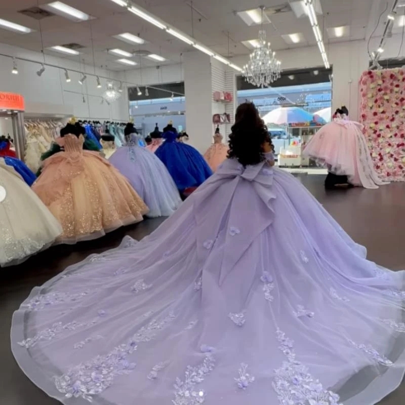 Light Lilac Shiny Princess Sweet 16 Dress Quinceanera Dresses Applique Flower Beads Bow Tull Corset Party Birthday Vestido De 15 Anos