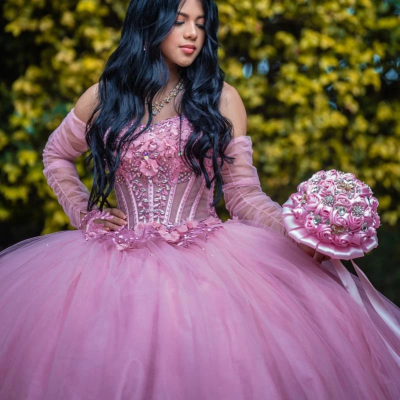 Pink Princess Sweet 16 Dress Quinceanera Dresses Off The Shoulder Applique Flower Beading Crystal Tull Corset Party Birthday Vestido De 15 Anos