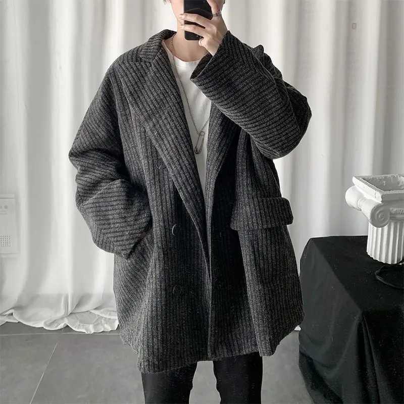 Mid-Length Thick Windbreaker For Men Hong Kong Style Autumn Winter Vintage Woolen Suit Jacket Unisex Korean Corduroy Coat W250815