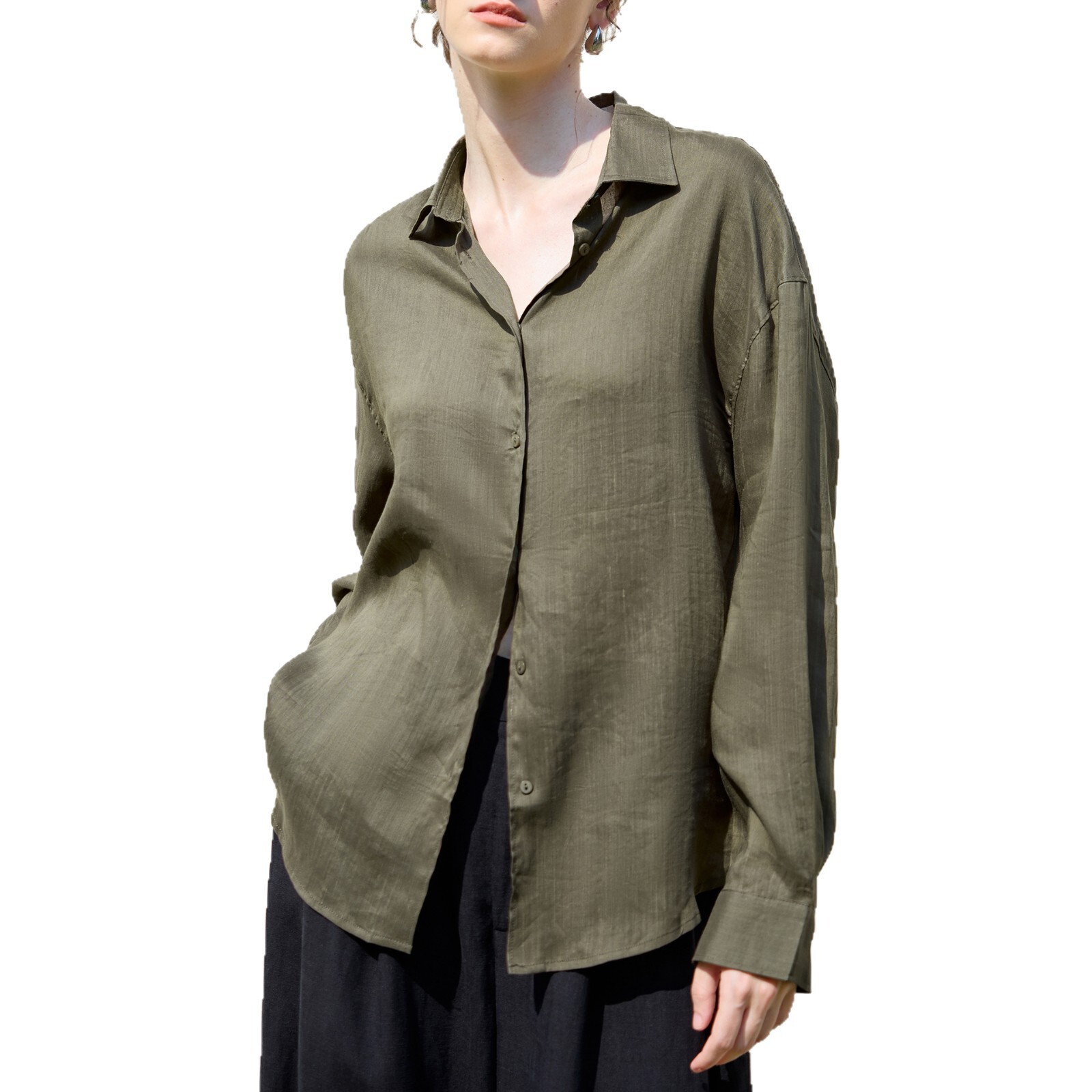 Old Style Loose Solid Color Women's Simple Single-Breasted Long Sleeve Shirt Relaxed Tencel Linen Top