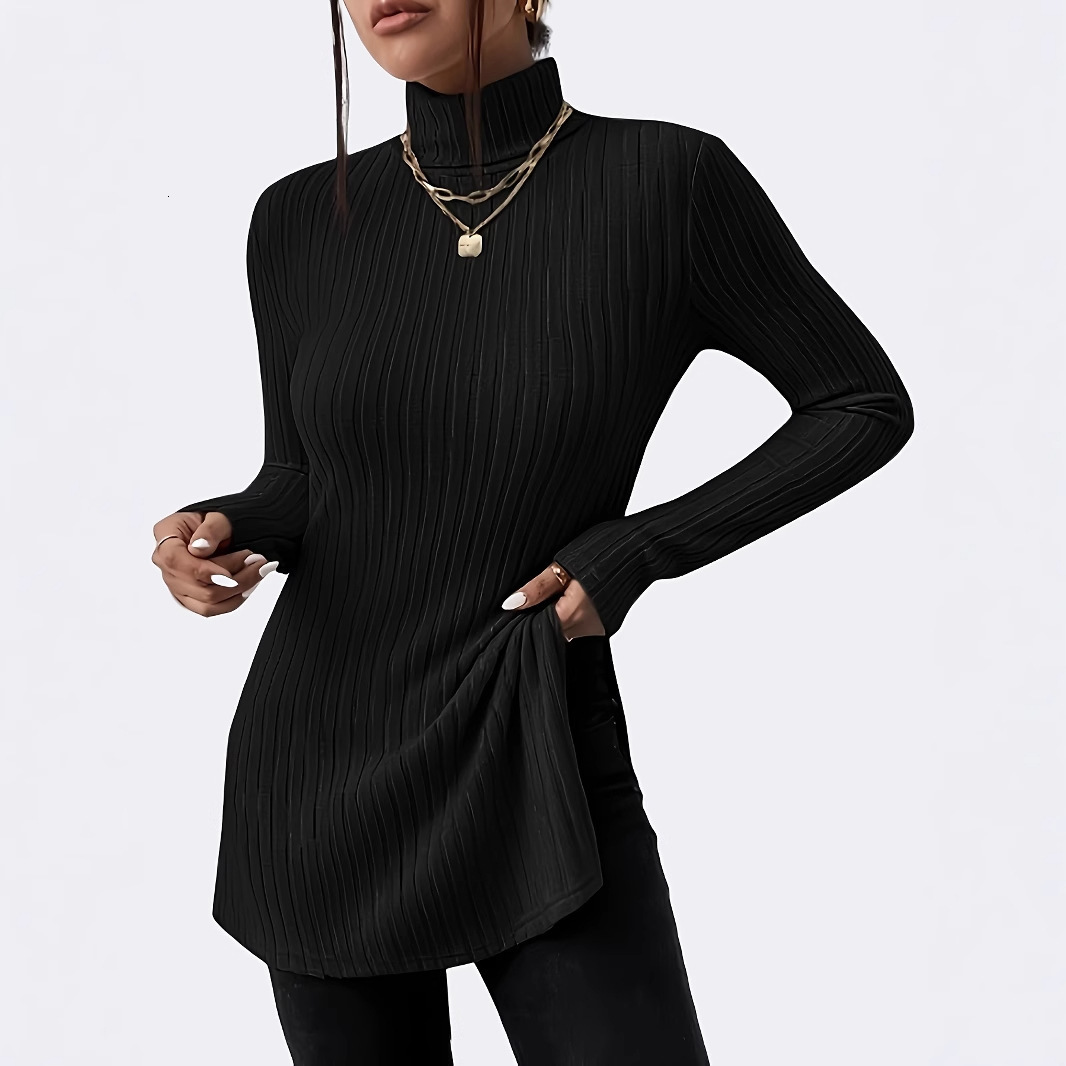 New Women's High Neck Pullover Sweater with Slit Slim Fit Base Shirt Ribbed Mid-Length Top T-Shirt for Women