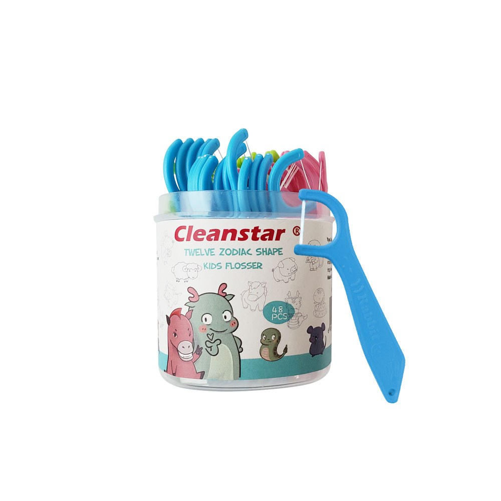 12 Chinese Zodiac Children's Dental Floss Sticks, 48-Piece Canister, Colorful Dental Floss Sticks, Plastic Dental Floss