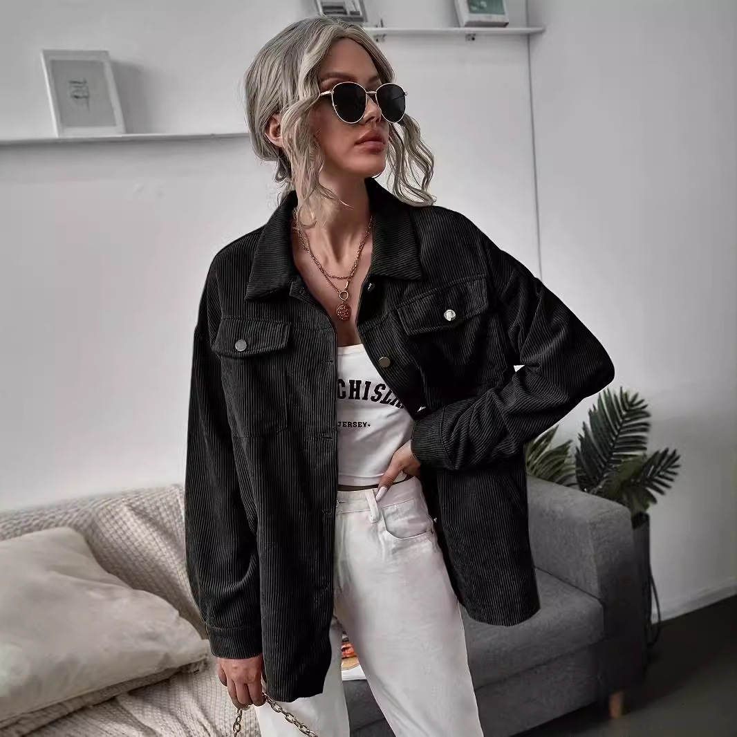 2025 Autumn New Corduroy Turn-Down Collar Pocket Single-Breasted Long Sleeve Loose Casual Shirt Jacket