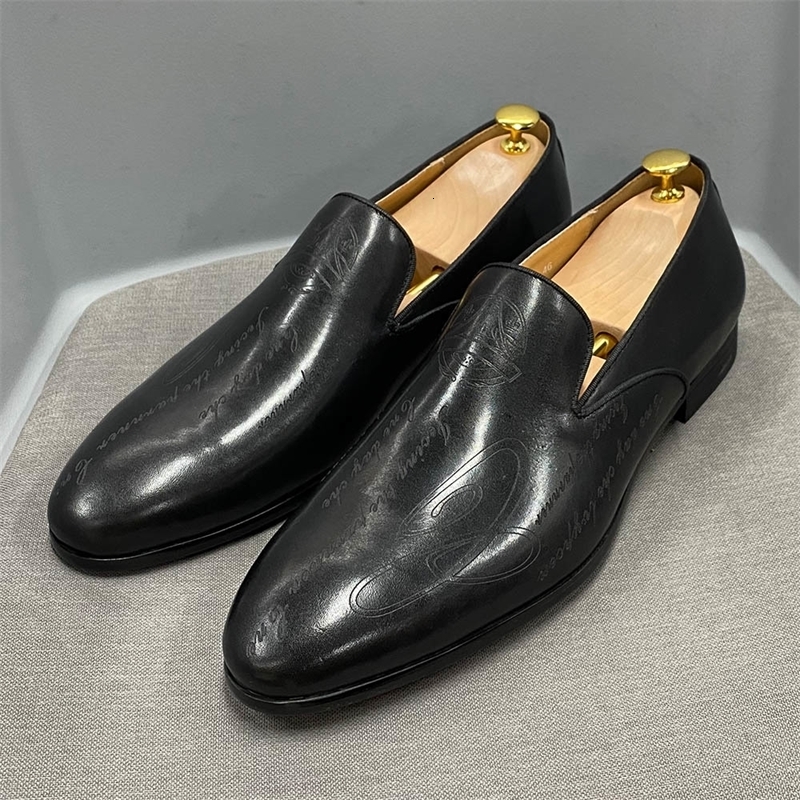 Italian Style Men Loafers Shoes Handmade Letter Print High Quality Genuine Leather Dress for Business Formal w250801