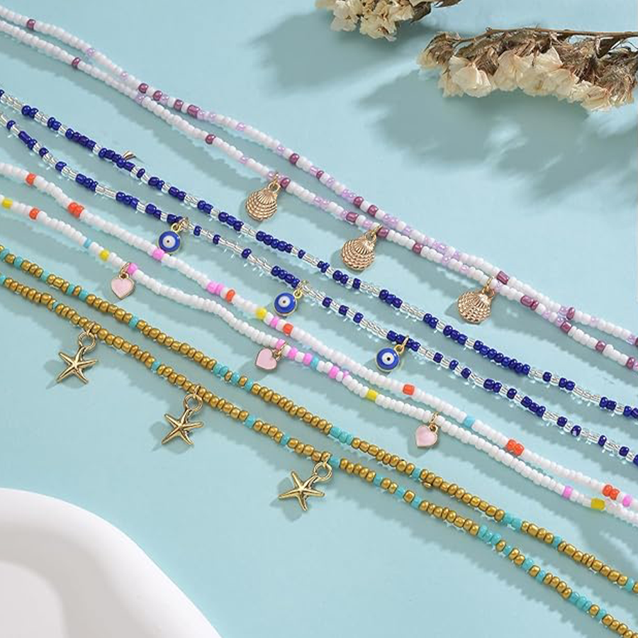 8Pcs 31.5 Inches African Waist Bead Chain Elastic Belly Beads Butterfly Shell Eye Layered Body Chain Colorful Jewelry