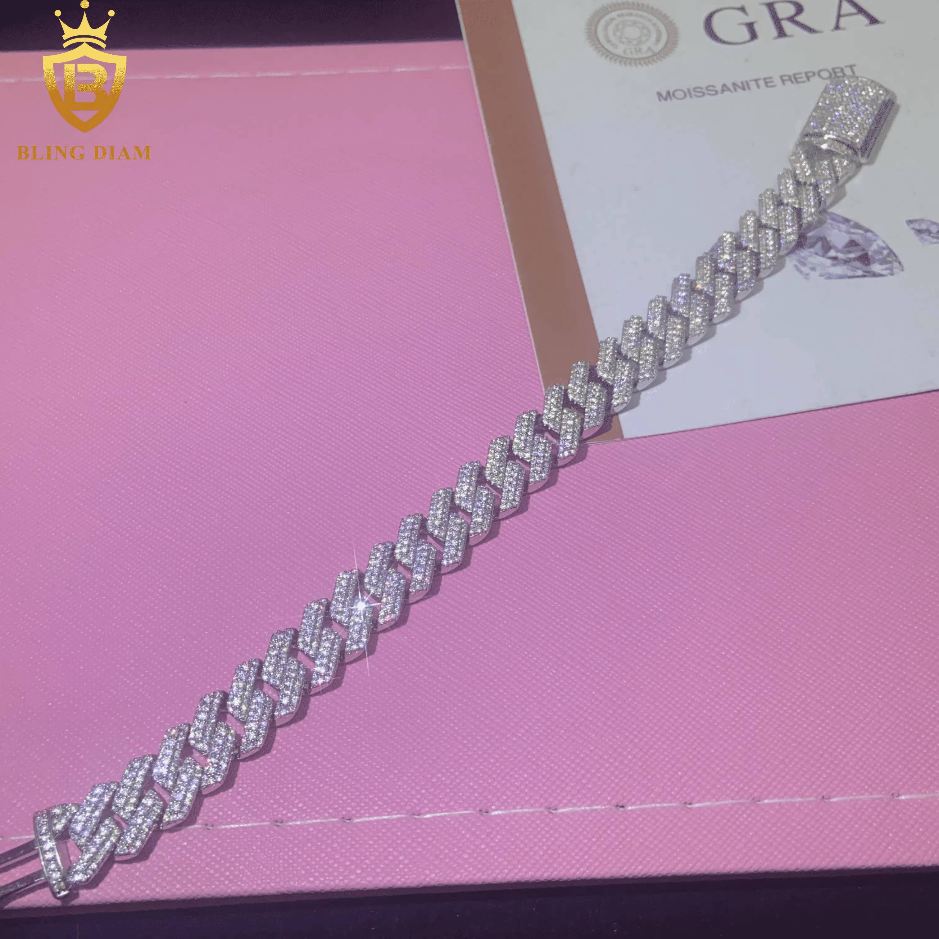 New Design Fashion 925 Silver Cuban Chain Moissanite Cuban Bracelet Men Women Hip Hop Style Pass Diamond Tester GRA Certificate