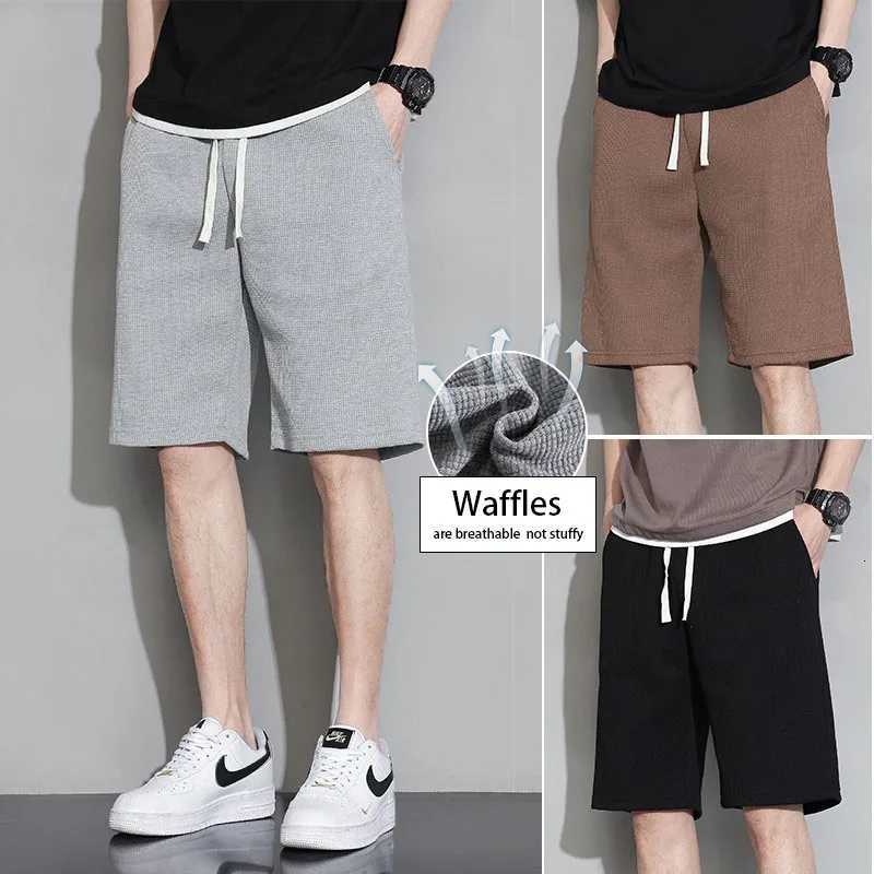 Men Shorts Solid Color Mid Waist Summer Shorts Waffle Texture Deep Crotch Drawstring Male Shorts Loose Knee Length Casual Short Y250814