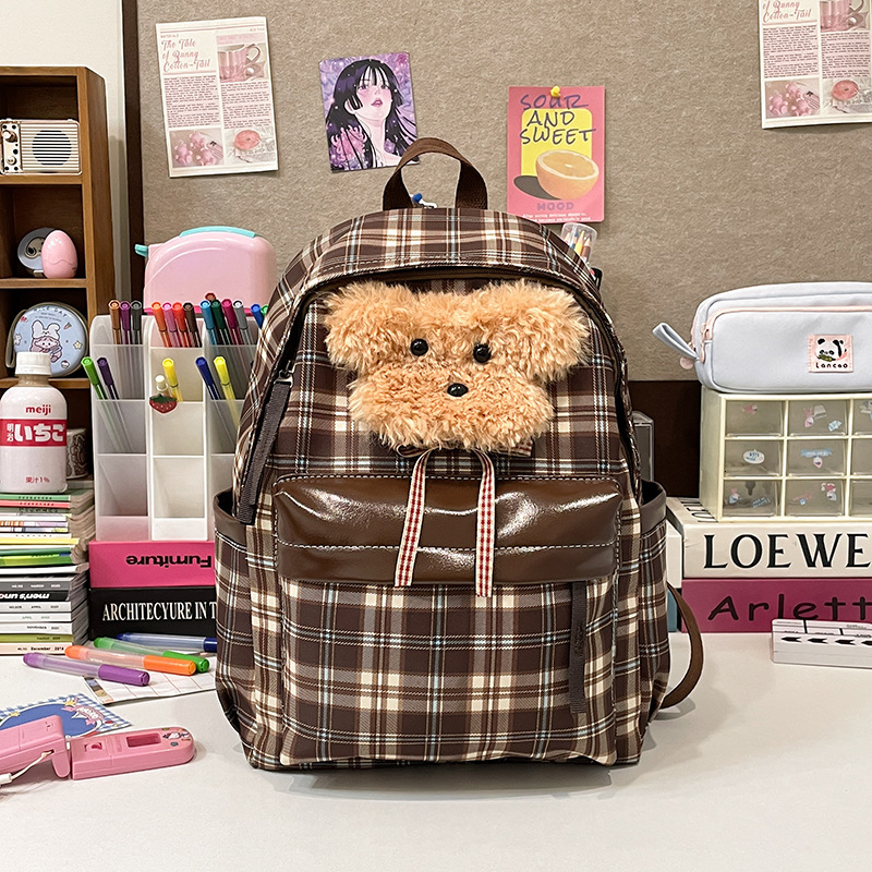 Autumn New Neutral Style Backpack Couple Bag New Checkered Backpack Cute Puppy Retro Style Casual Backpack Autumn New Designer Bag