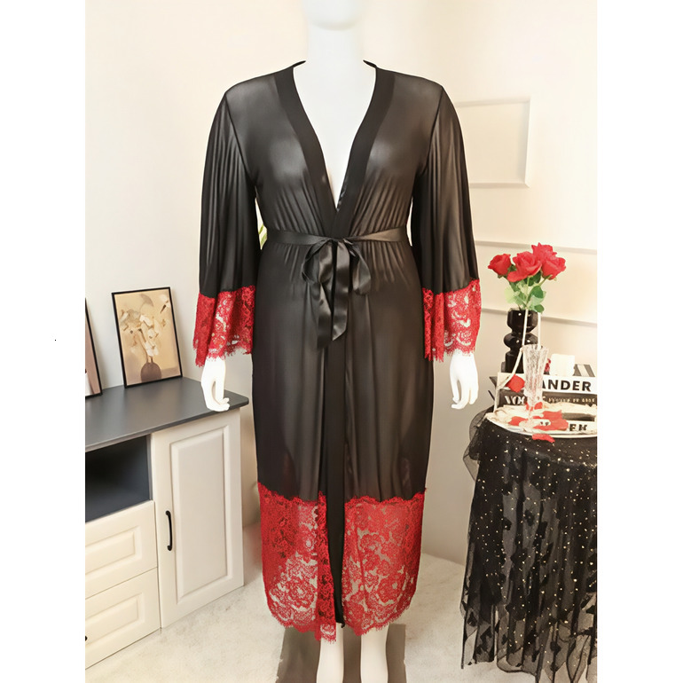 Mesh see-through sexy robe deep V-neck red lace splicing laced waist large size home wear bathrobe hot-sale products