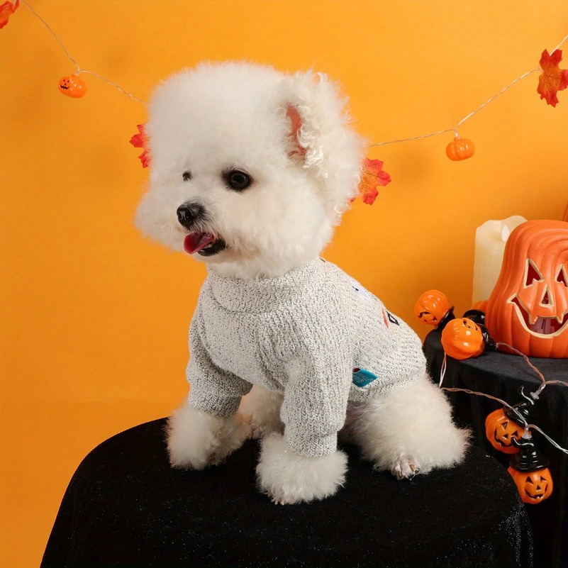 Pumpkin Ghost Halloween Crew Neck Pet Clothes Dog Cat Light Grey Funny English Embroidery Pullover Traction Jacket