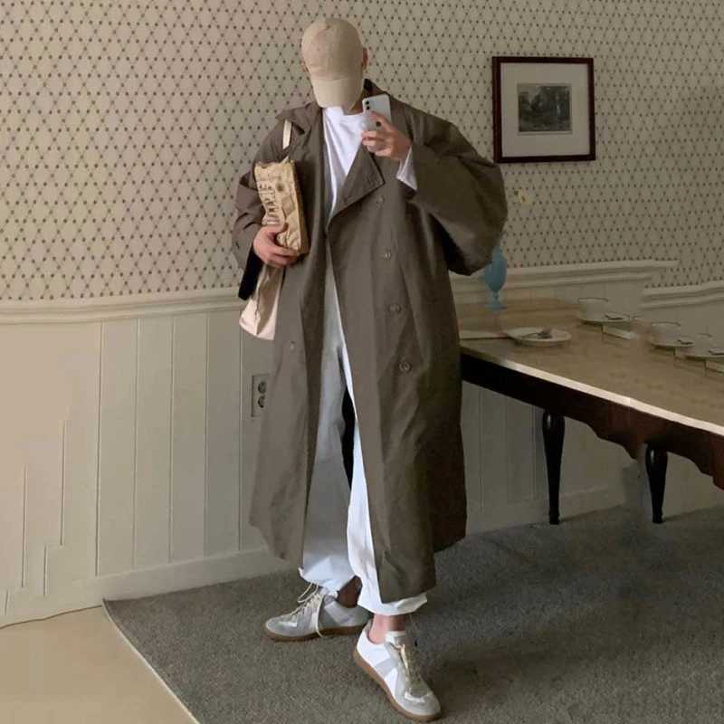 1EFB Mens Windbreaker Lapel Solid Color Casual Korean Style Overknee Overcoats Double Breasted Loose Male Trench Simple 92482 W250815