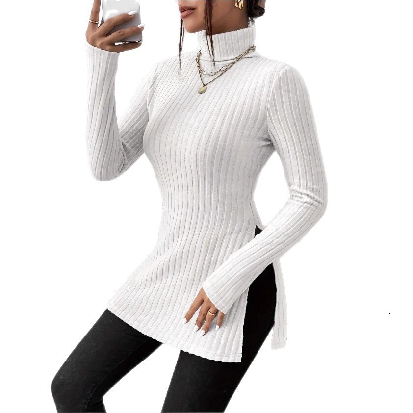 New Women's High Neck Pullover Sweater with Slit Slim Fit Base Shirt Ribbed Mid-Length Top T-Shirt for Women