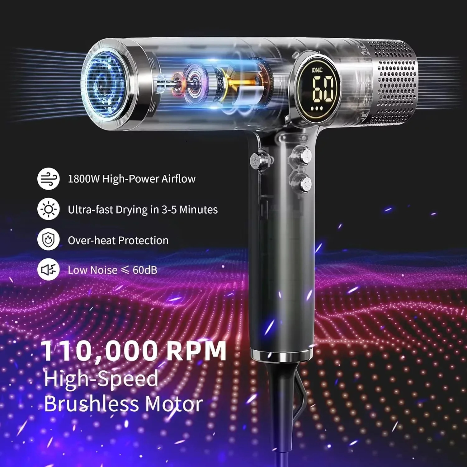 Led Display 1875W Professional Hair Dryer High Speed 110000 RPM Brushless Motor for Fast Drying Low Noise Ionic Blow Dyer 250811