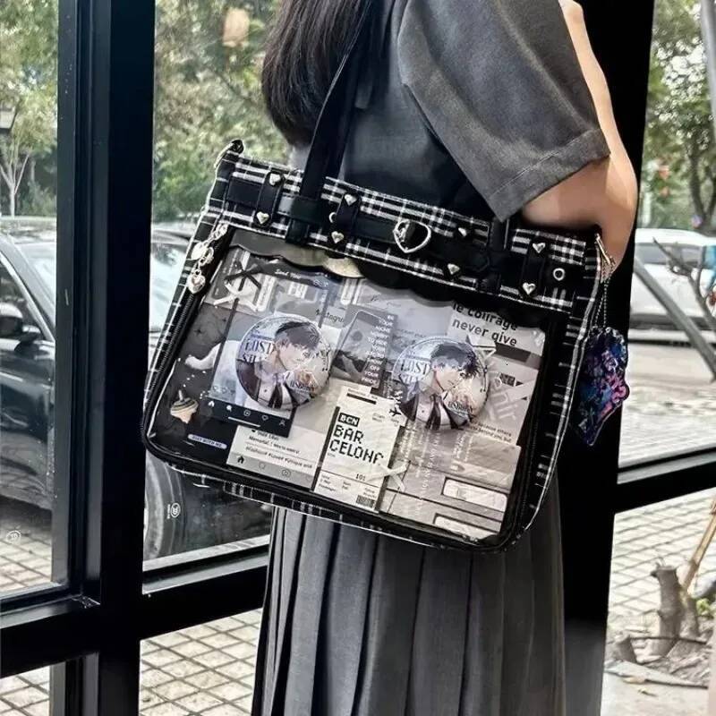 Women Fashion Checkered Pattern Retro Ita Cute Girl Transparent Large Capacity Tote DIY Display Handbag New Shoulder Bag