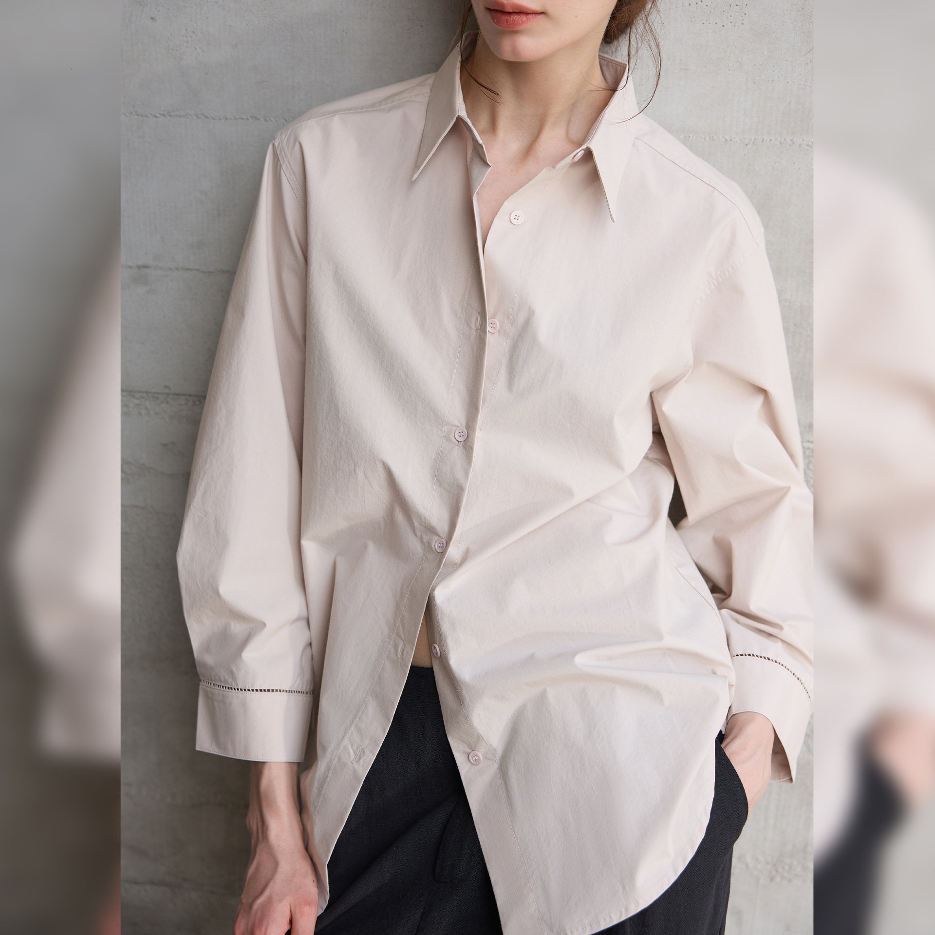 Autumn Winter New Pure Cotton Long Sleeve Shirt for Women French Lazy Style Hollow Design Top Mid-Length Versatile Blouse
