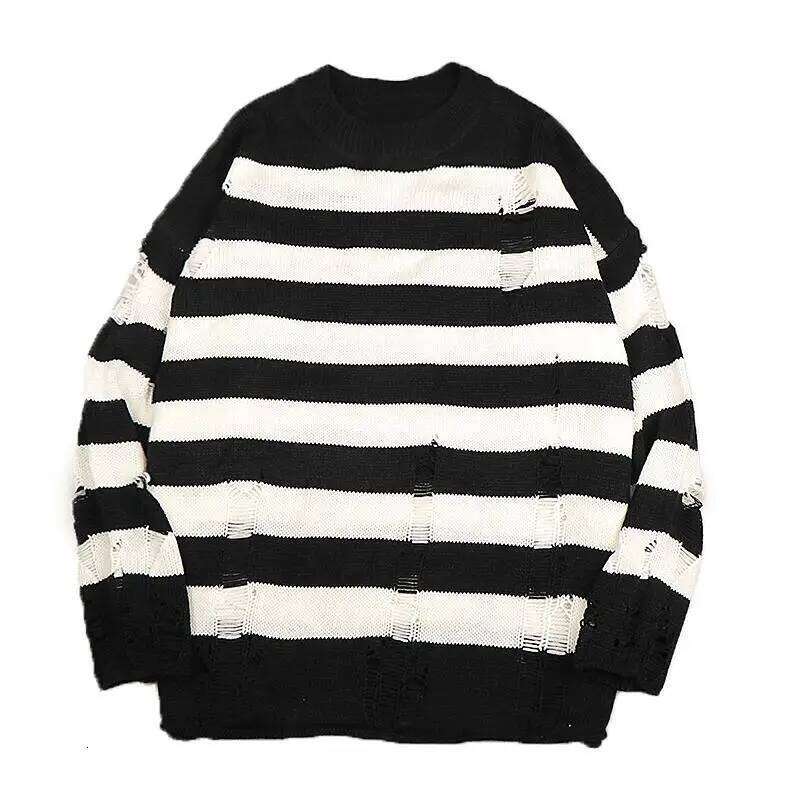 Designer Clothing 2025 Black Stripe Sweaters Destroyed Ripped Sweater Pullover Hole Knit Jumpers Men Oversized Sweatshirt Haruku Long Sleeve Tops