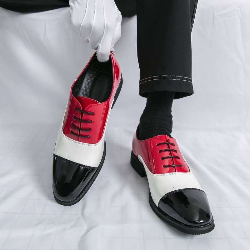 New Men's Patent Shiny Three-joint Contrast Color Business Formal Casual Leather British Pointed Toe Stage Wedding Shoes
