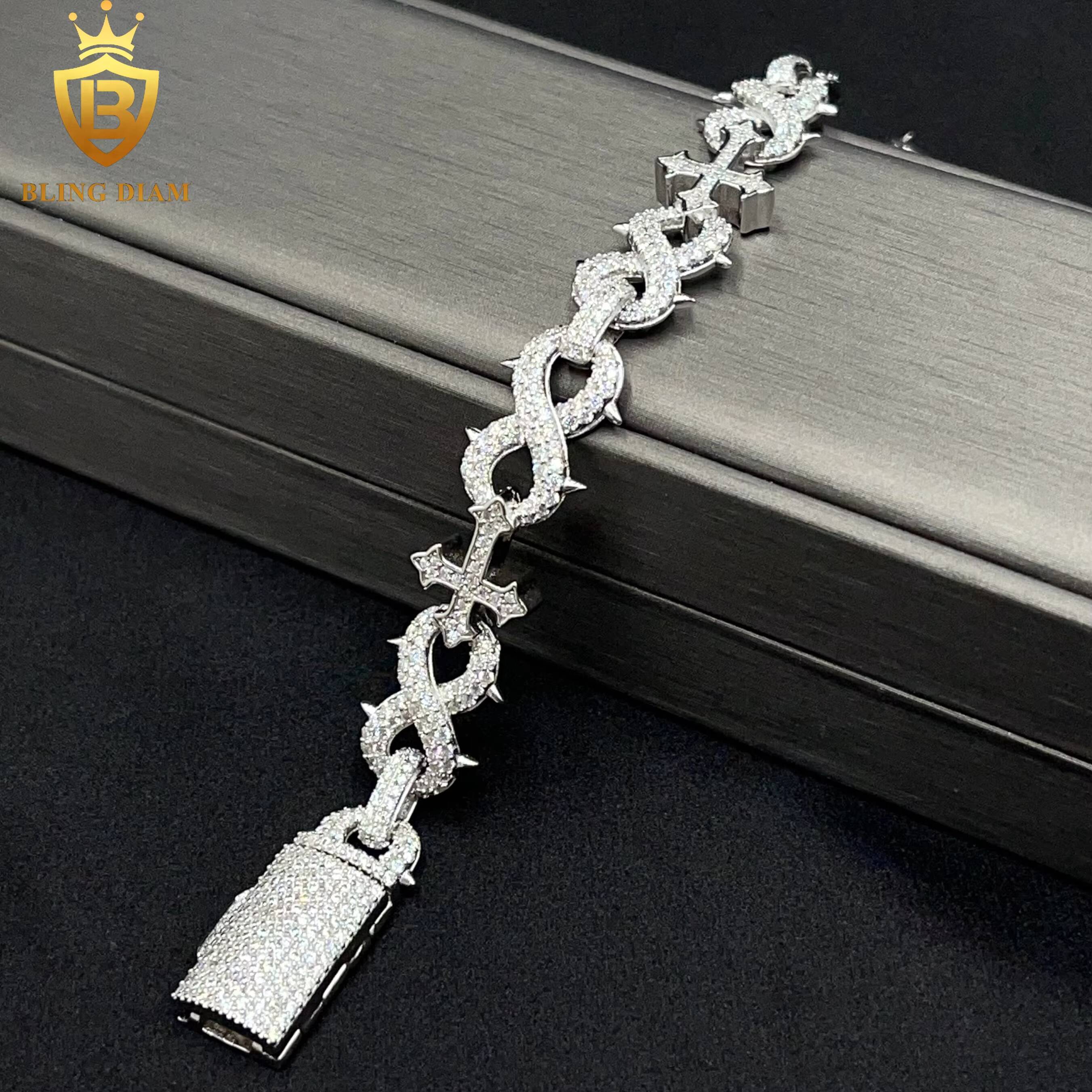 13mm Hip Hop Jewelry Cross Cuban Link Bracelet 925 Sliver Iced Out Moissanite Diamond Rapper Style
