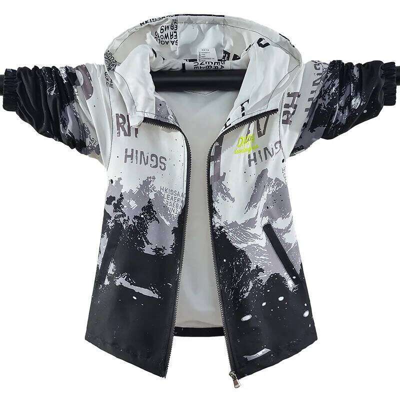 Spring Summer Waterproof Hooded Contrast Printed Boys Lined Zip Hiking Jackets School Kids Outfit Tops Child Track Coat 3-14 Yr