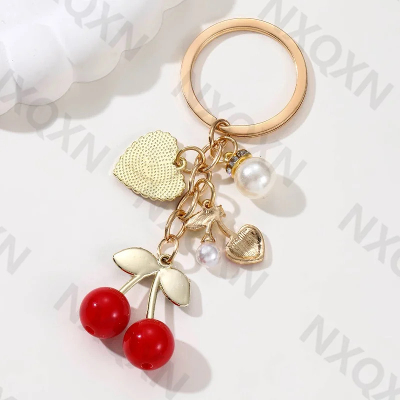 Pretty Cartoon Cherry Preal Heart Enamel Keychain Love Fruit Key Ring For Women Girl Handmade Friendship Gift Jewelry Set 250811