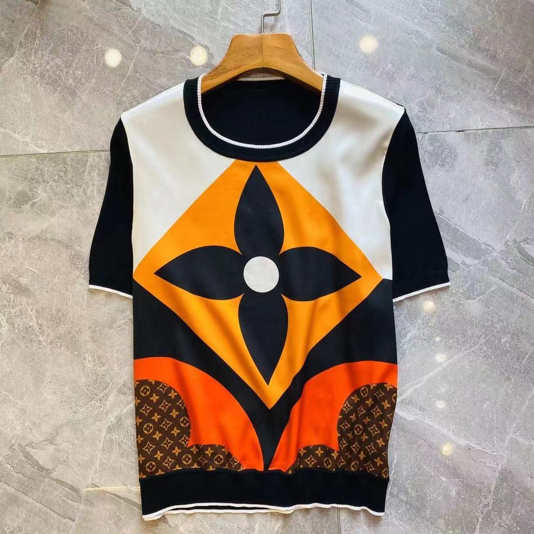 2025 new summer temperament sweater stitching satin fashion print T-shirt short sleev slim shirt with foreign style